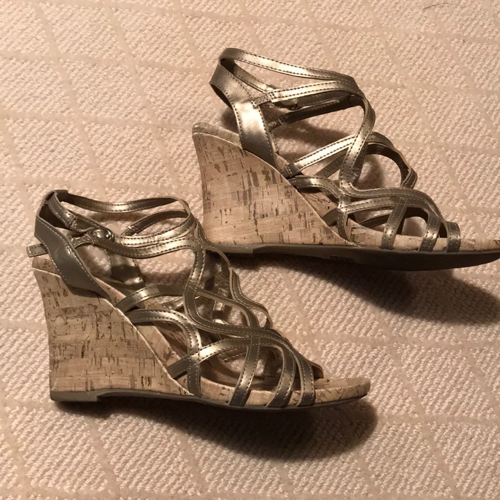Strappy Golden Cork-Wedge Sandals